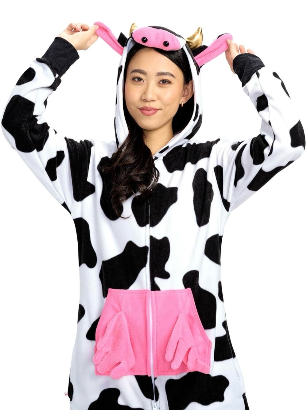 🦢tipsyelves cow Halloween Print Onesie with Pink Pocket & Hood Ears size M NEW
